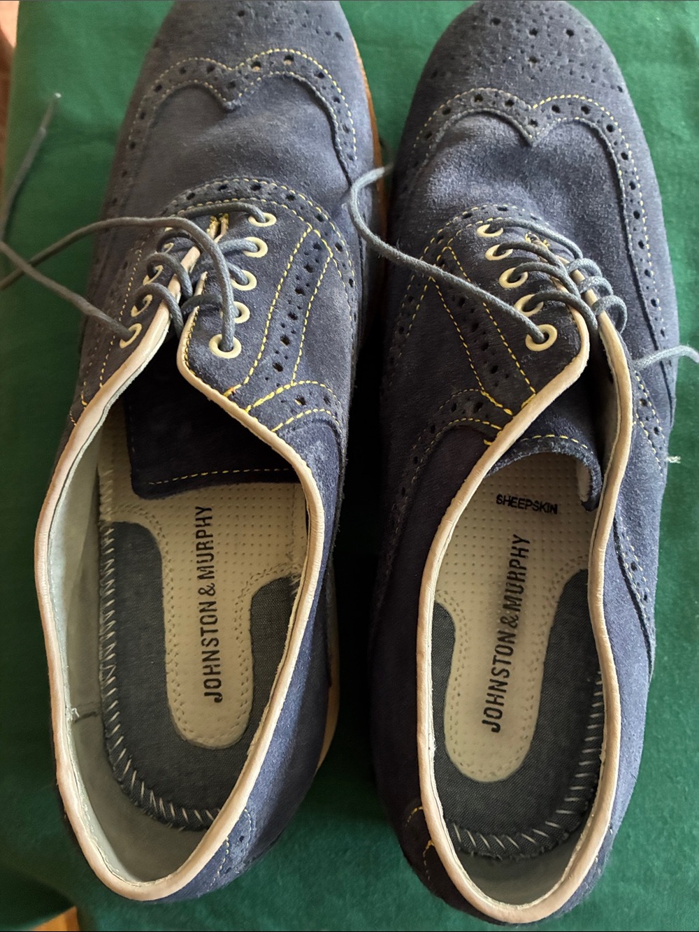 Johnston & Murphy Navy Suede Wingtip Derby with Tan Trim